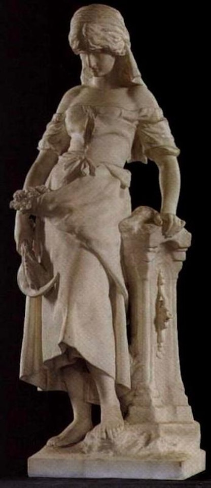 Girl leaning in a water stoup holding a sickle and corn sheaves by Mathurin Moreau