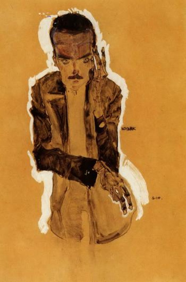 Portrait of Eduard Kosmack with raised left hand by Egon Schiele