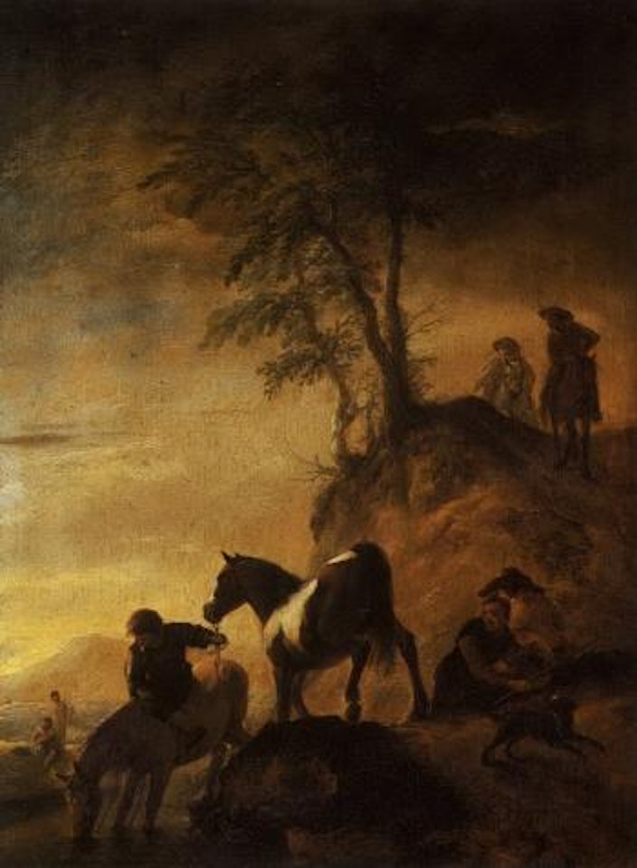 Riders watering their horses at river by Philips Wouwerman