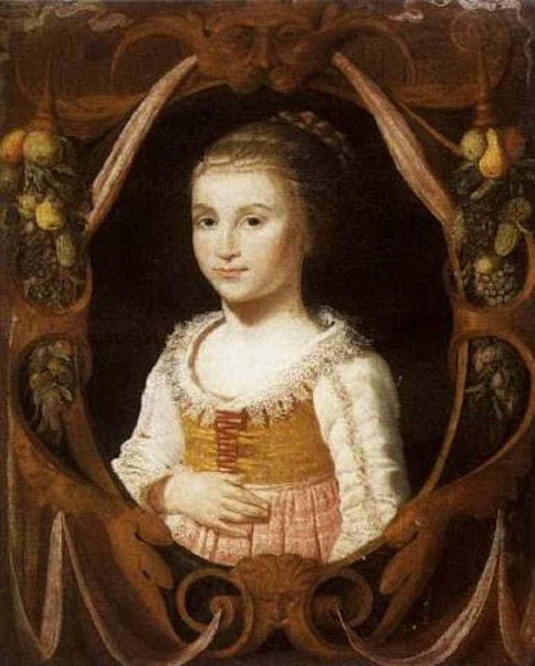 Young girl in feigned cartouche adorned with fruit garlands by Dutch School