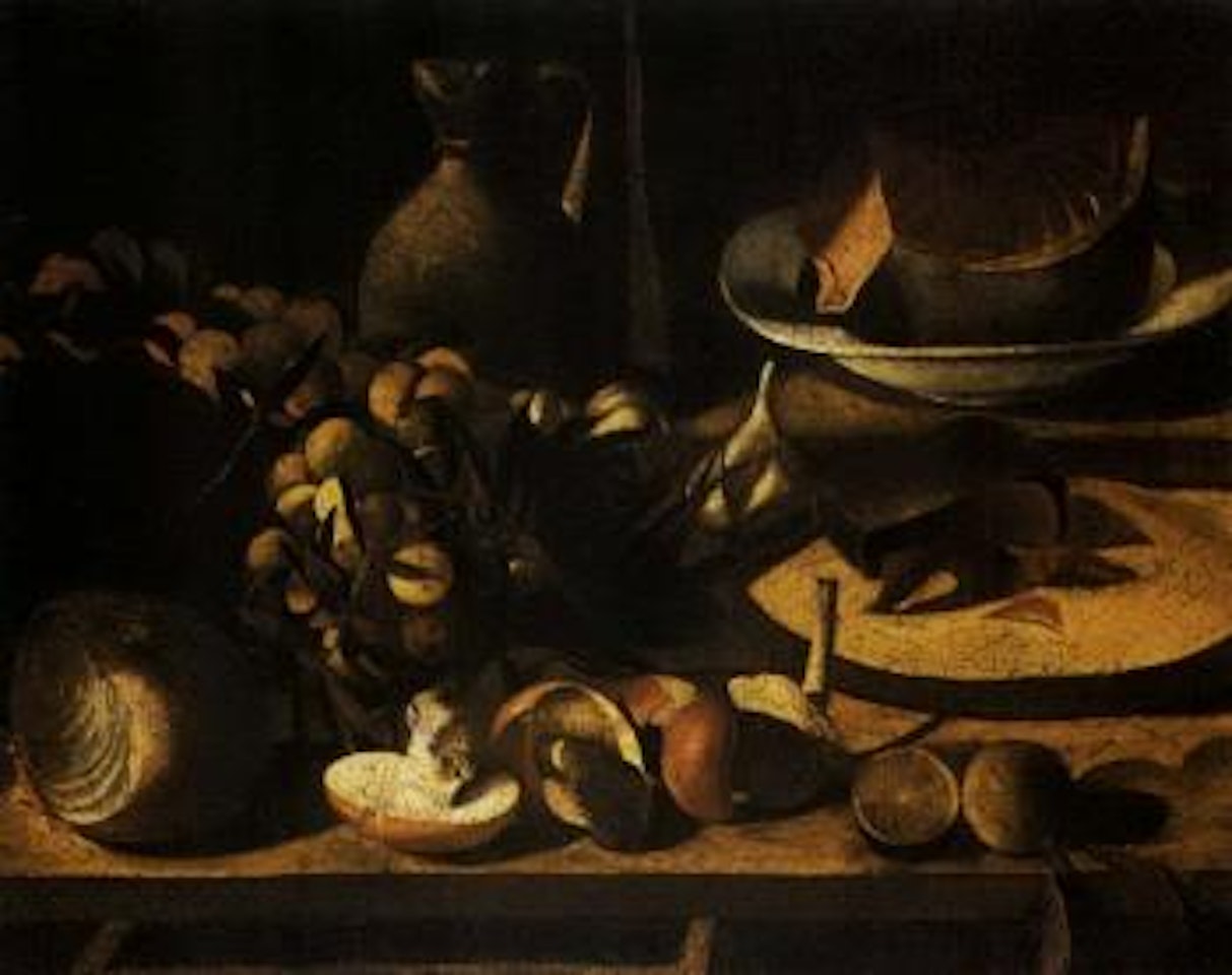 Still life of jug, melon, ham, limes, mushrooms on table by Neapolitan School