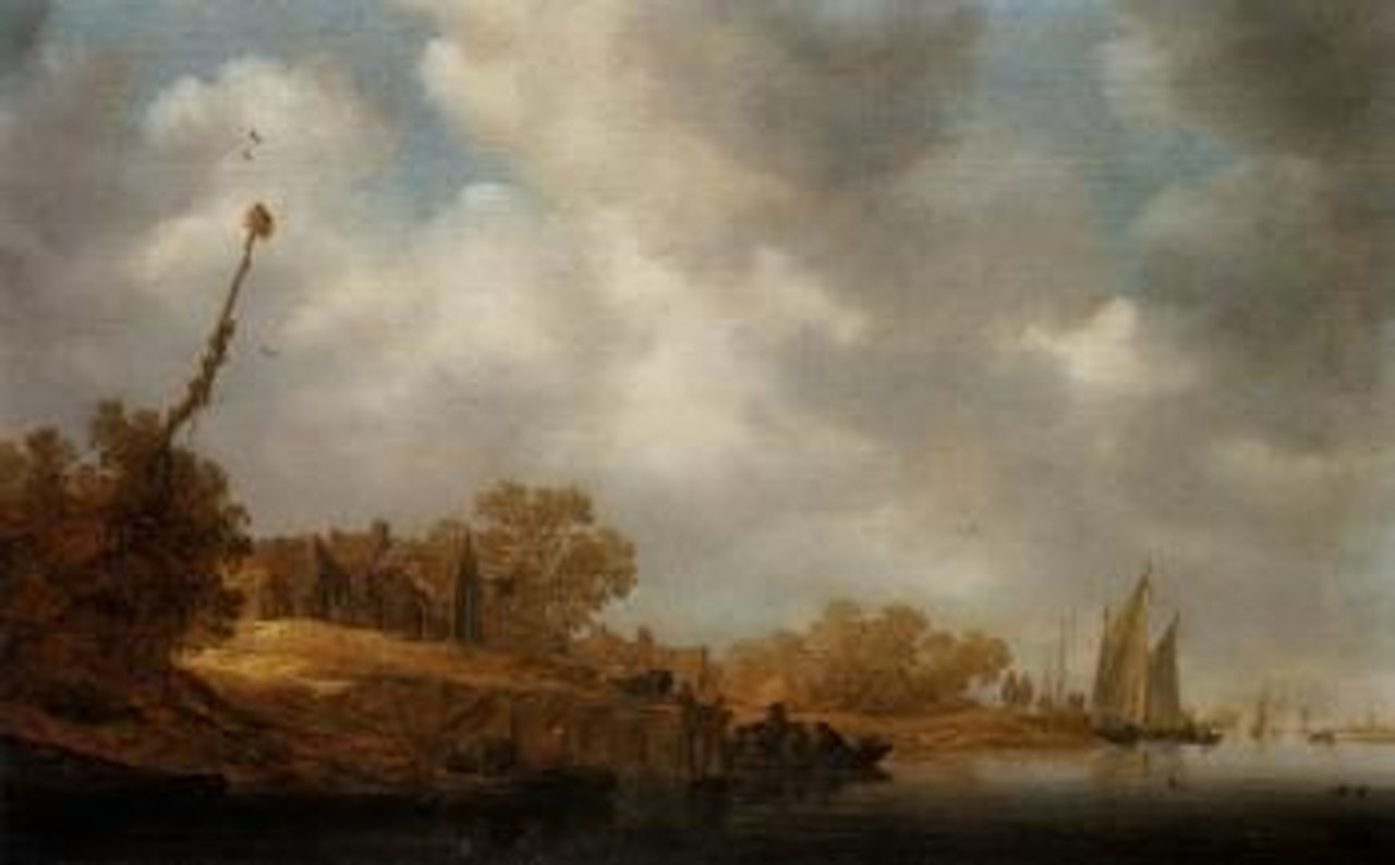 River landscape with figures in boats near pier by Jan van Goyen