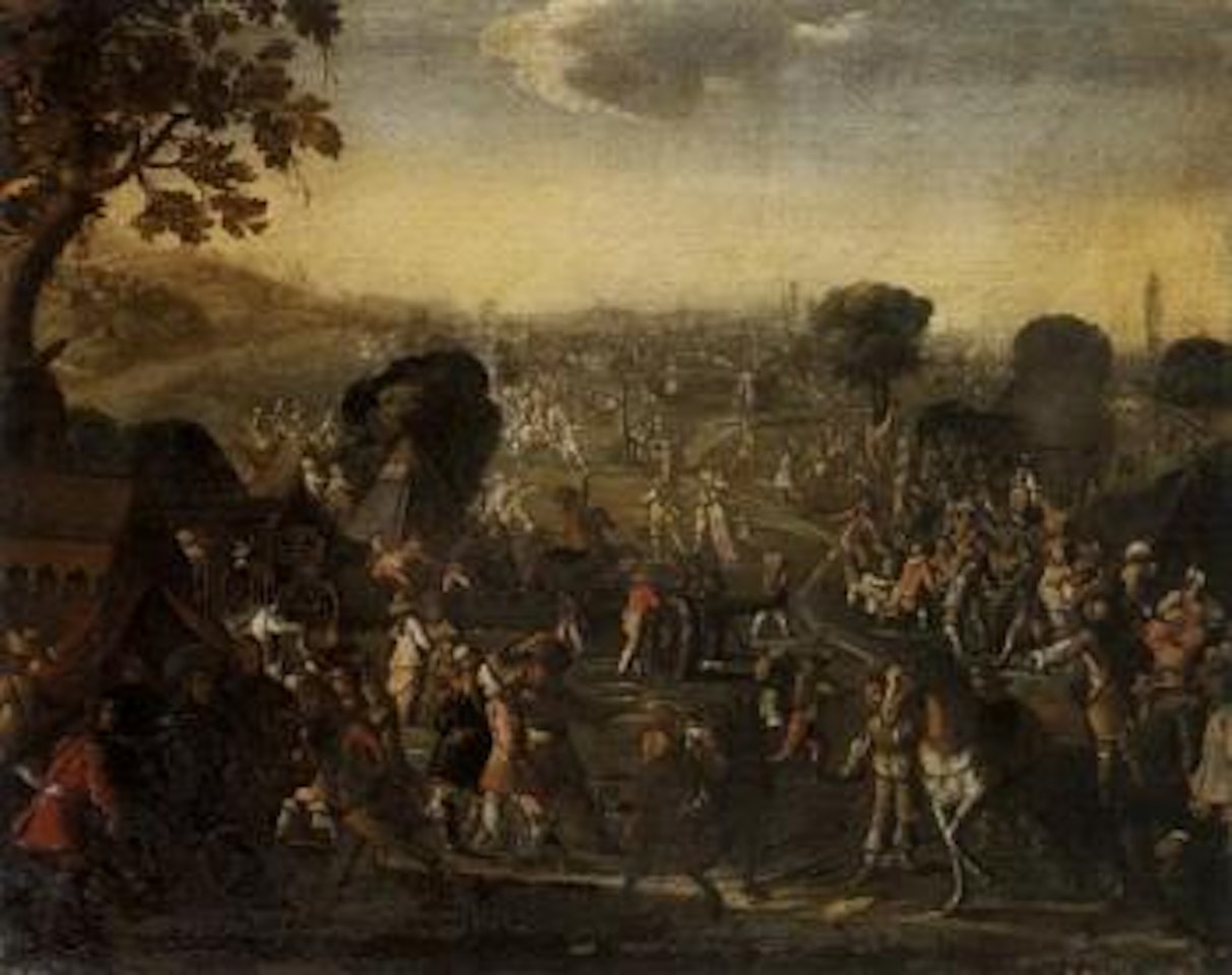 Military encampment. Troops plundering village by Cornelis de Wael