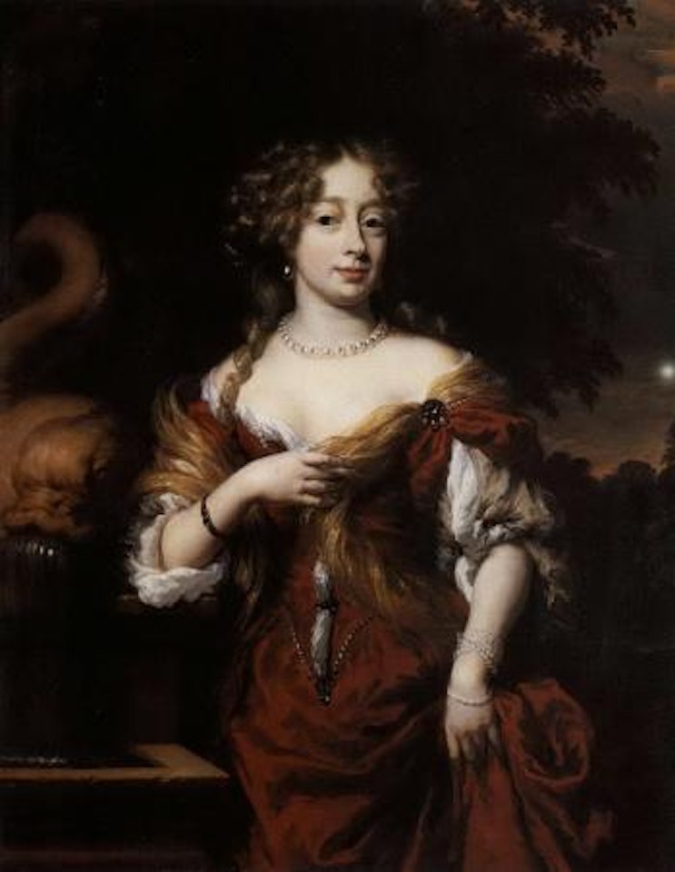 Portrait of Lady standing by fountain in landscape setting by Nicolaes Maes