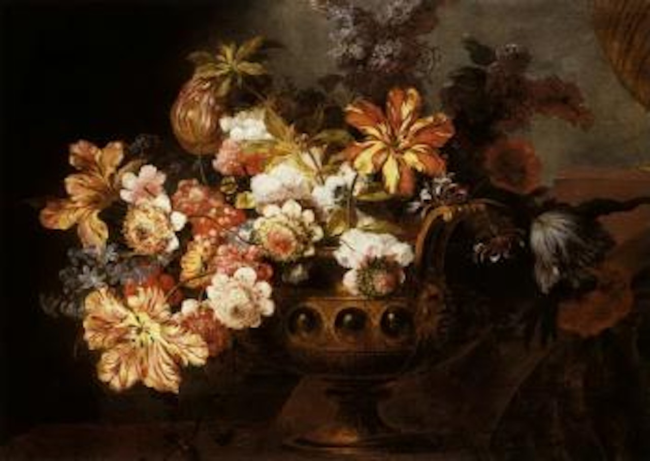 Still life of flowers in gilt vase on balustrade by Jean Baptiste Monnoyer