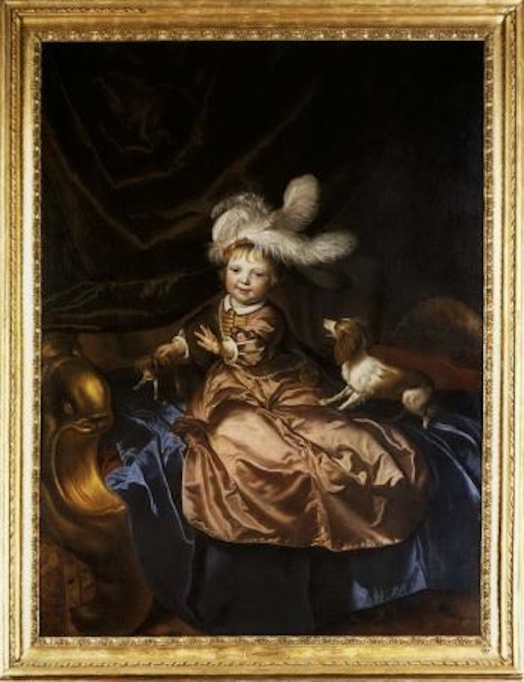 Portrait of child in pink dress, plumed hat, fondling puppy by Jacob van Loo