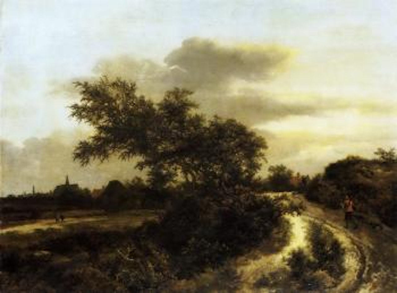 Dune landscape, peasant and dog on path, village beyond by Jacob Salomonsz. van Ruysdael