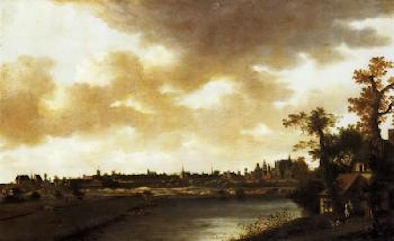 Panoramic view of walled city, pond and farm to fore by Dutch School