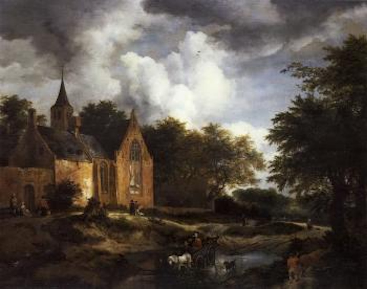 Woodland landscape with cloister by Jacob Salomonsz. van Ruysdael