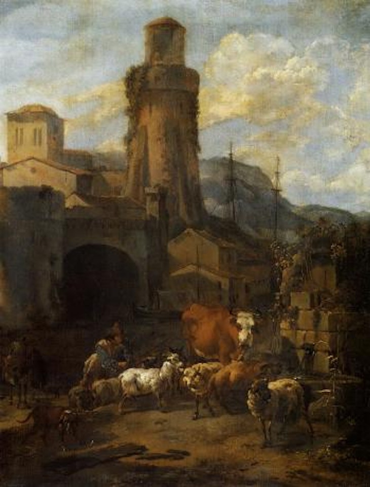Capriccio view of Italianate port with herder and flock by Nicolaes Pietersz Berchem