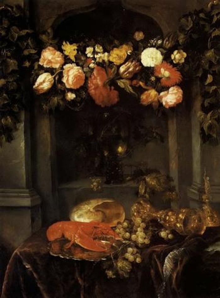 Lobster, nautilus shell, with goblet and flowers in niche by Abraham van Beijeren