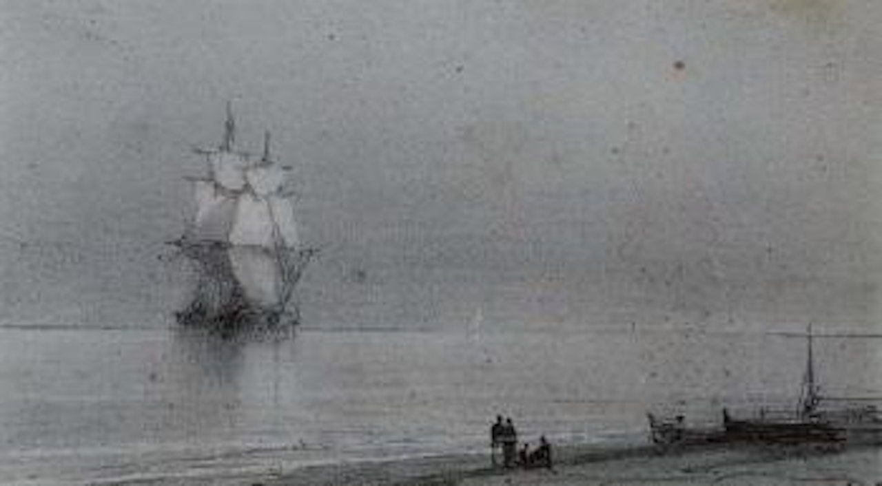 Sailing ship off shore in calm sea by Ivan Konstantinovich Aivazovsky