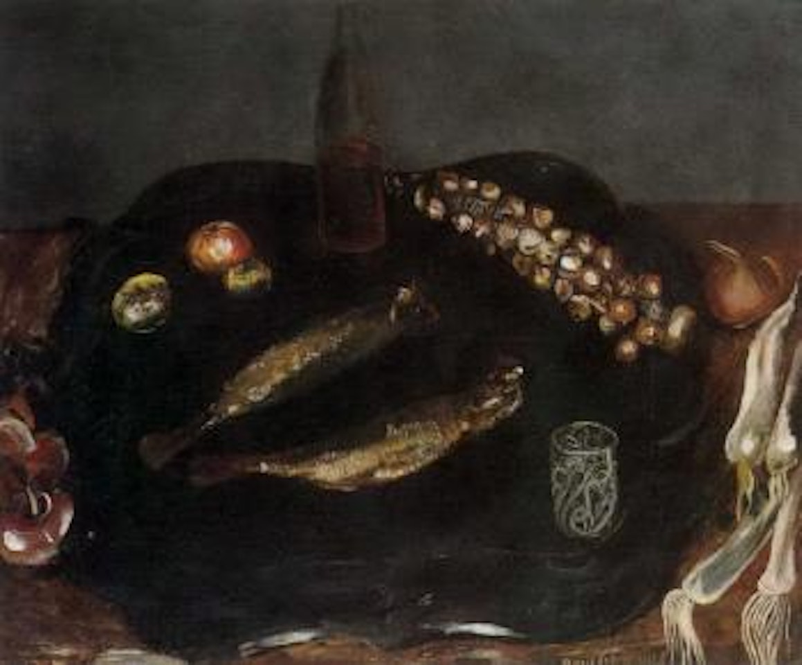 Still life, smoked herring, bottle of wine, shallots, radish by Boris Grigoriev