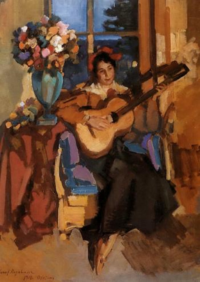 Portrait of lady playing a guitar by Konstantin Alekseevich Korovin