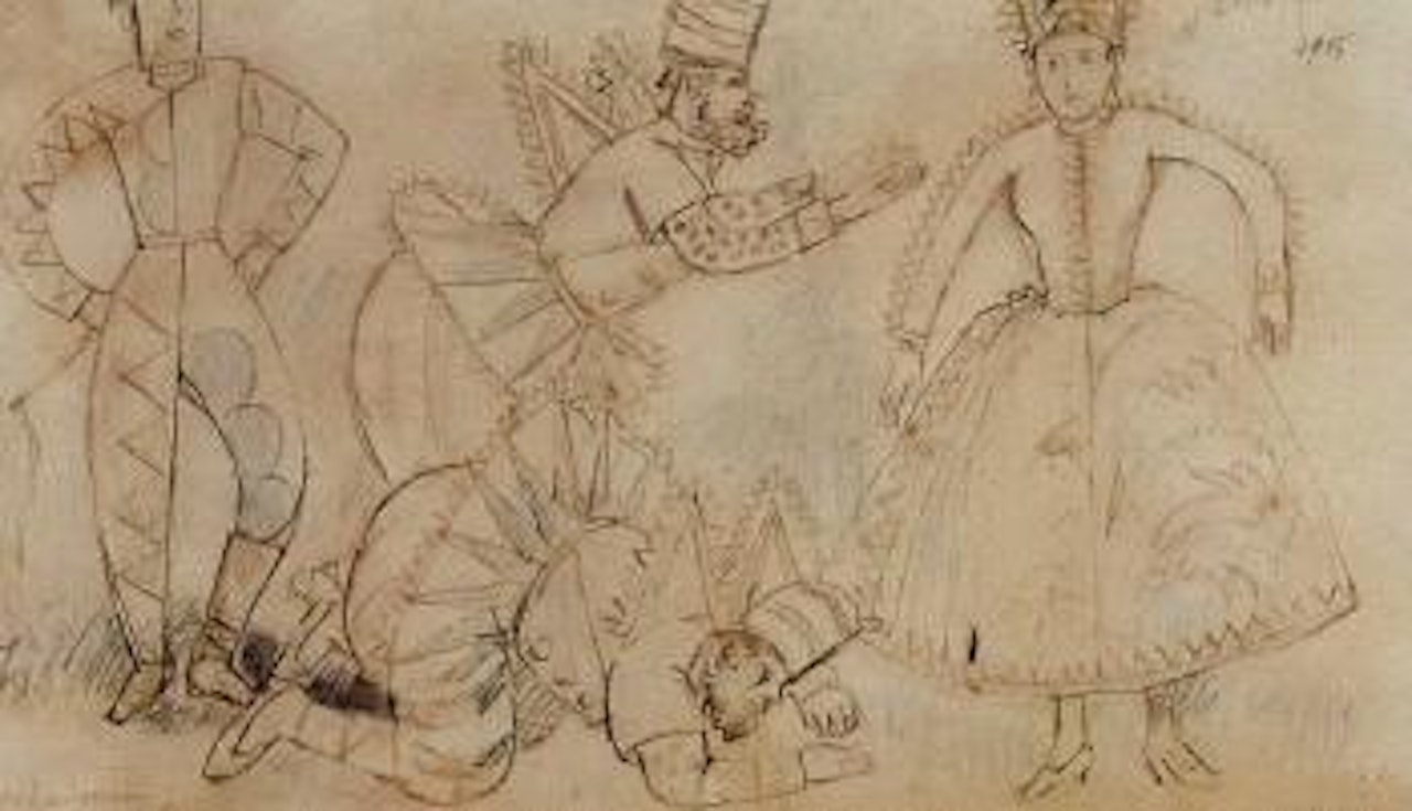 Buffoon, his wife, other buffoons in ballet 'Chout' by Mikhail Larionov