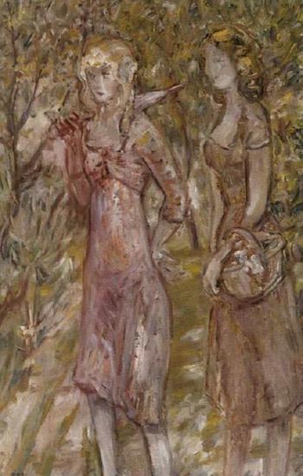 Two girls in wood with basket by Mikhail Larionov