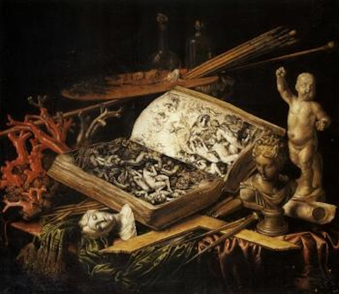 Vanitas still life with palette, brushes, sculpture, book by Simon Renard de Saint-Andre