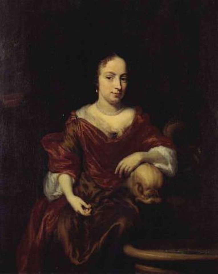 Portrait of a lady in a brown dress seated by a fountain by Nicolaes Maes
