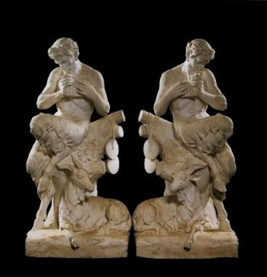 Groups of Satyrs seated on tree stumps by French School