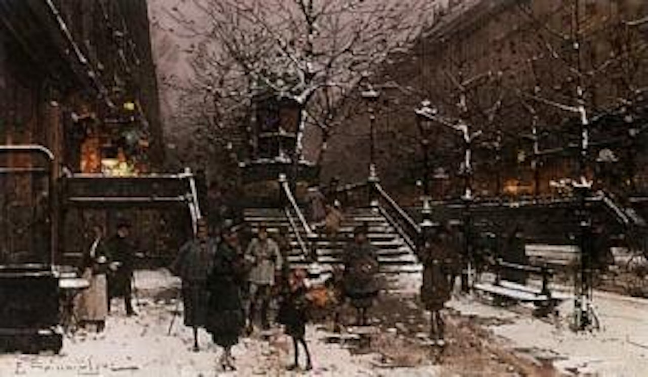 A view of Boulevard Saint Martin under snow, Paris by Eugene Galien-Laloue