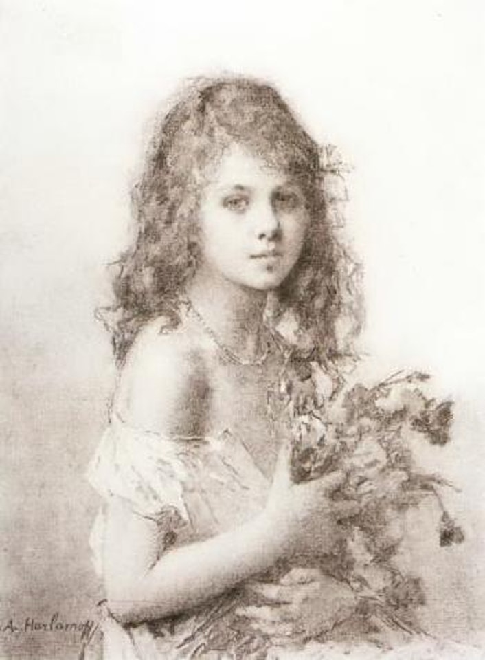 Young girl with flowers by Alexei Harlamoff