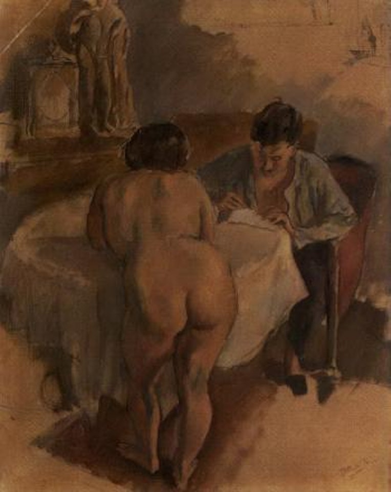 Peintre et modele autour d'une table by Jules Pascin