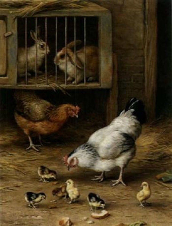 Chickens and rabbits in farmyard by Edgar Hunt