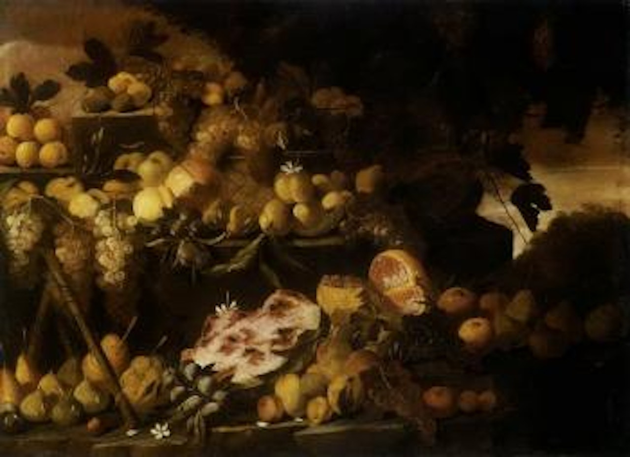 Still life of fruit on stepped stone ledge by Abraham Brueghel