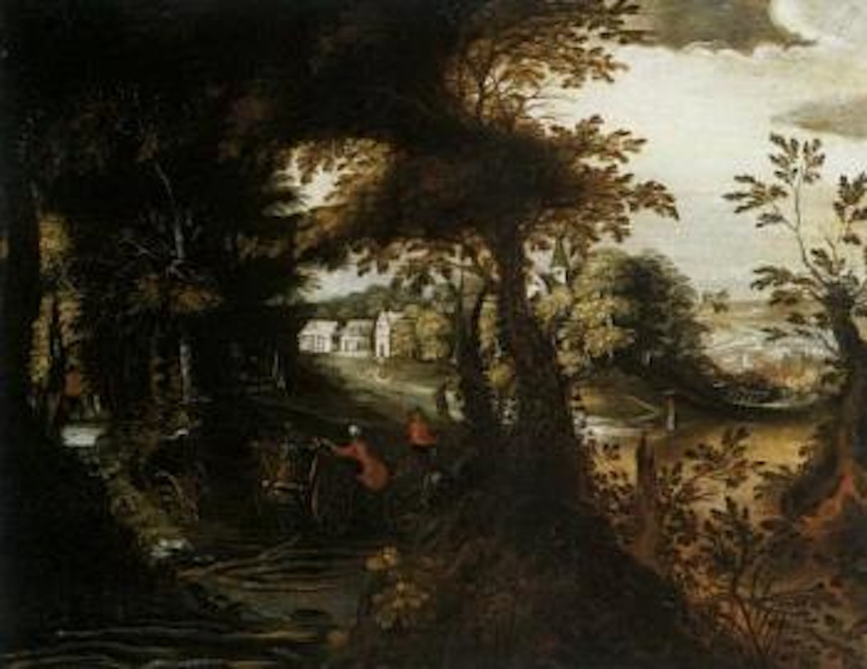 Wooded river landscape with travellers near town by Abraham Govaerts