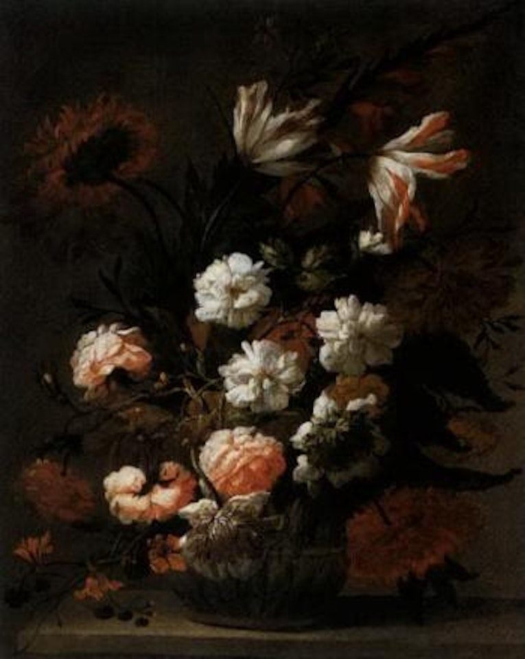 Still life of roses, tulips, other flowers in glass vase by Jean Baptiste Monnoyer