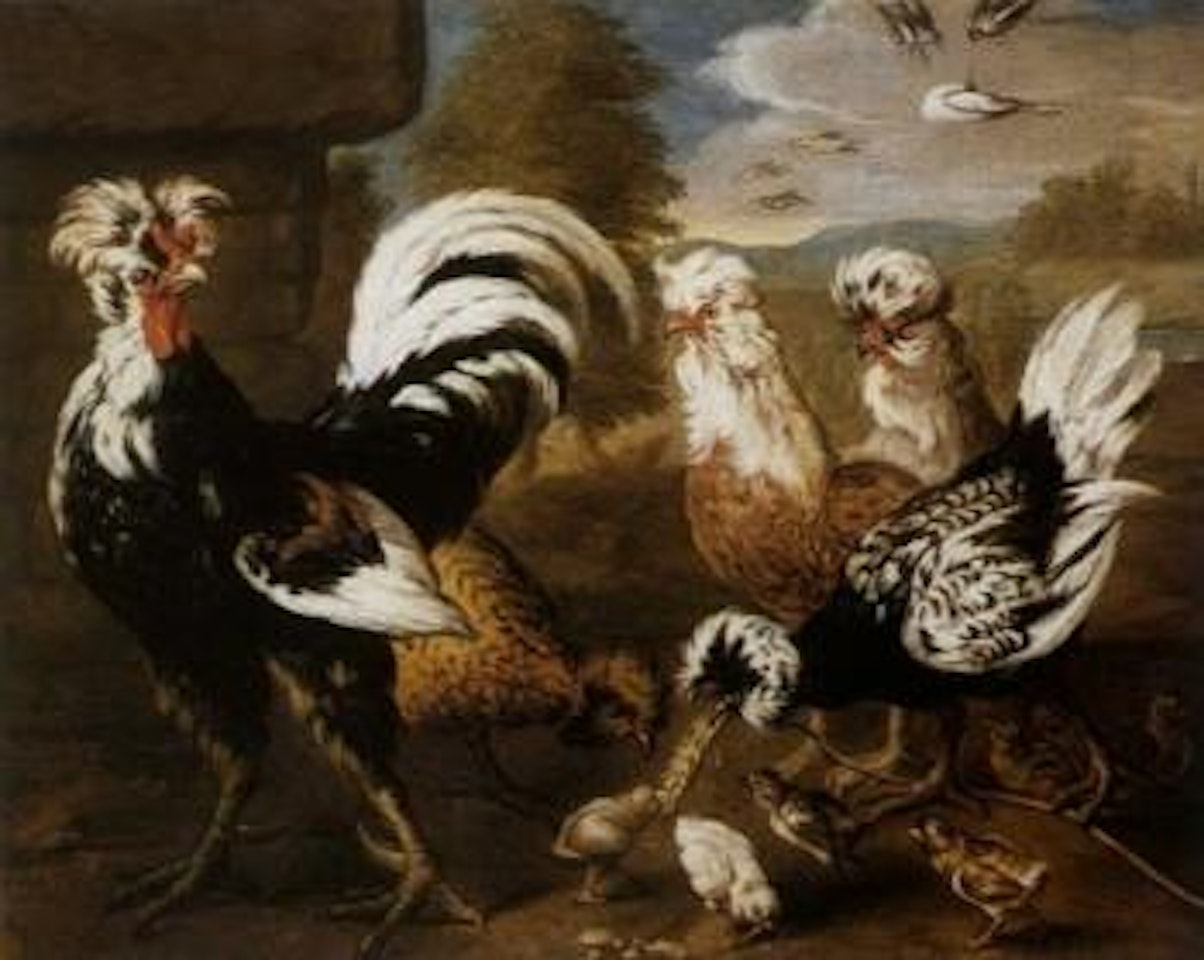 Farmyard scene with hens and chickens by Adriaen van Utrecht
