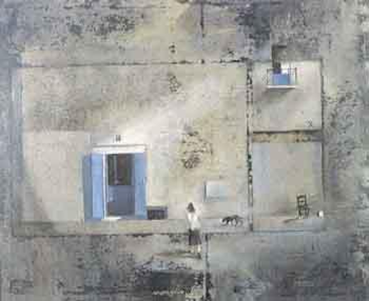 Street in Cadaques with woman and dog by Ignacio Iturria