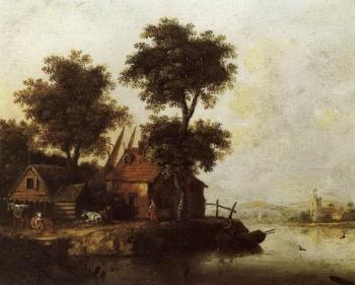 View of cottage beside river by Francis Swaine
