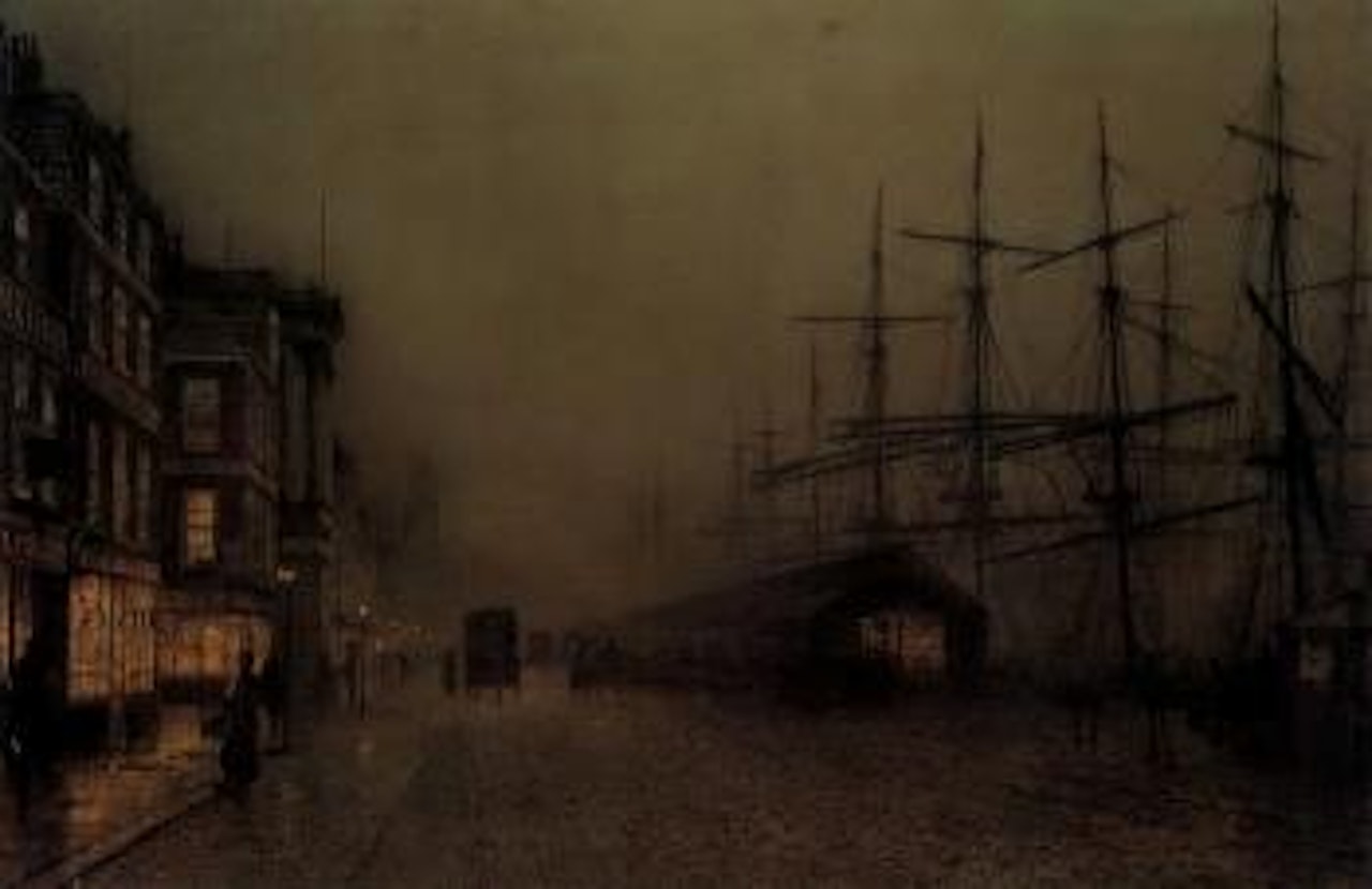 Shops and ships, Clydeside, Glasgow by John Atkinson Grimshaw