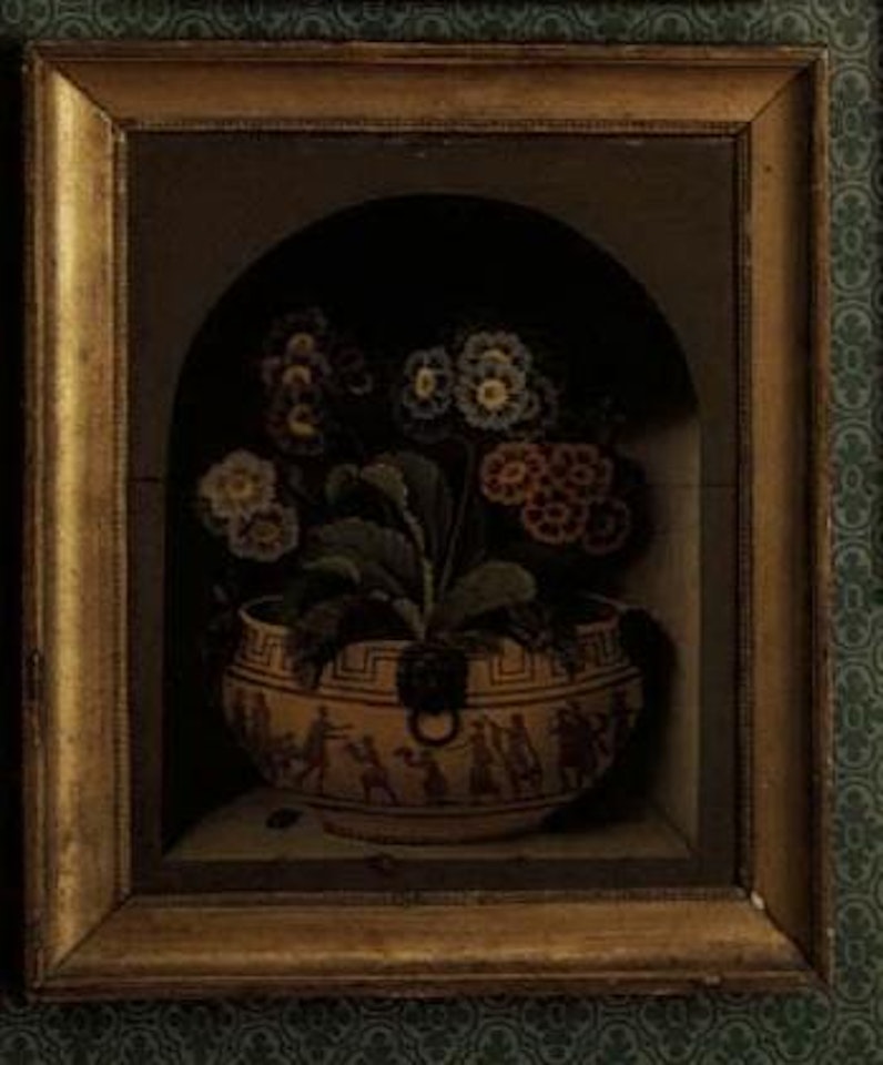 Auriculas with insects, the plants arranged in a pot by English School