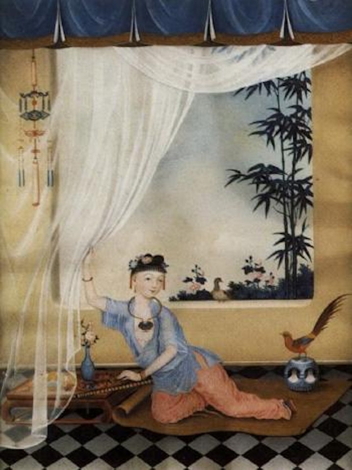 Concubine on a terrace surrounded by ornamental birds by Chinese School