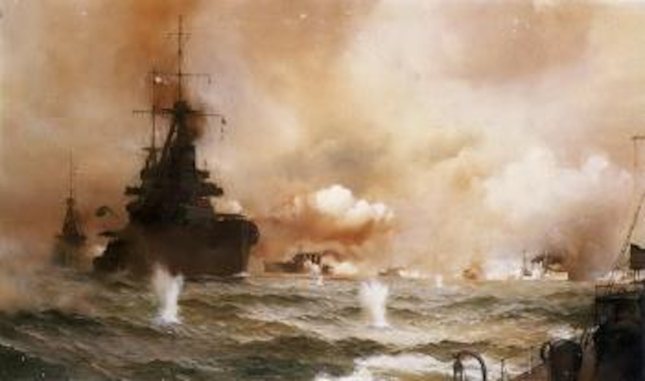 Battleships in action at Jutland by Montague Dawson