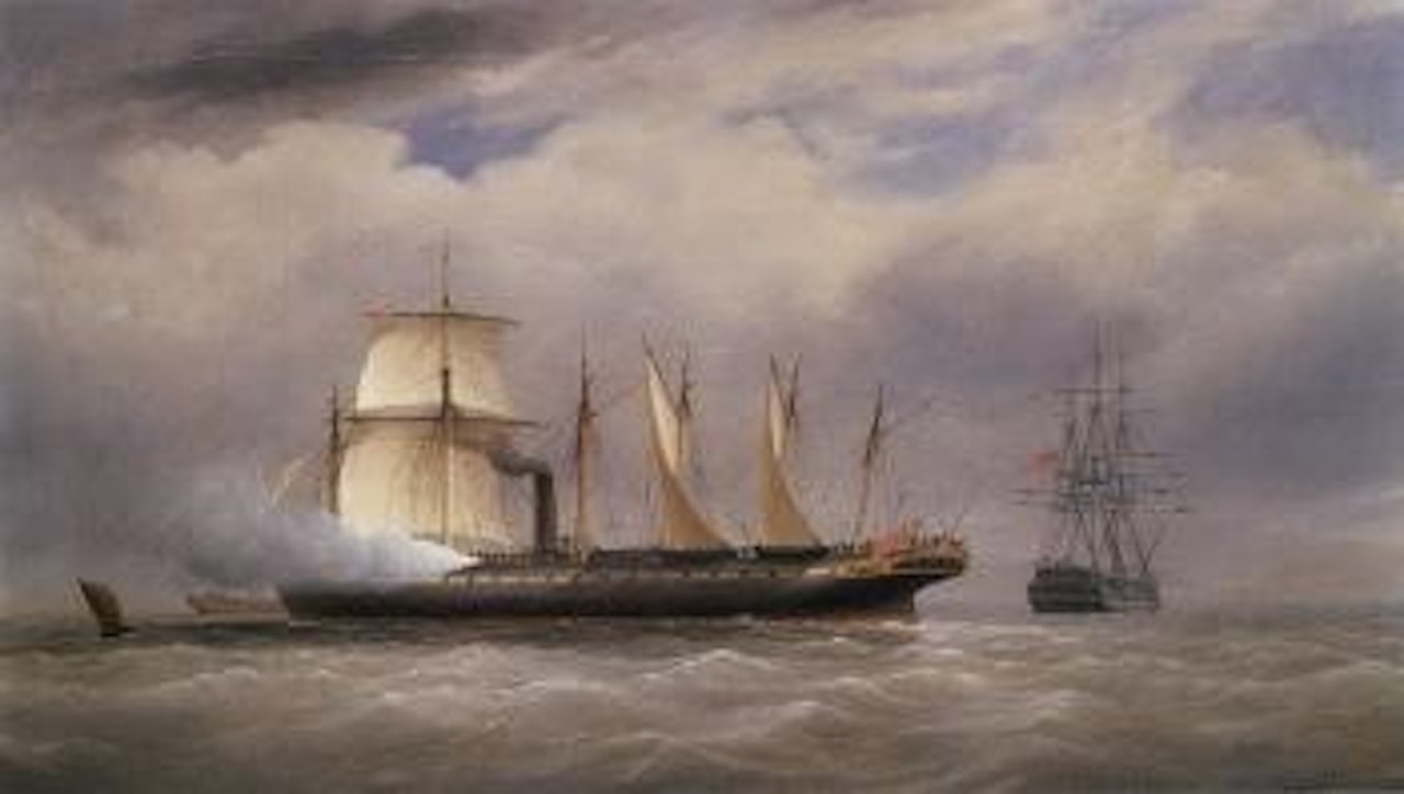 HMS Great Britain under steam and sail saluting man of war by Joseph Walter Of Bristol