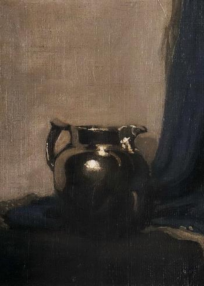 Pewter jug and blue curtain by William Nicholson