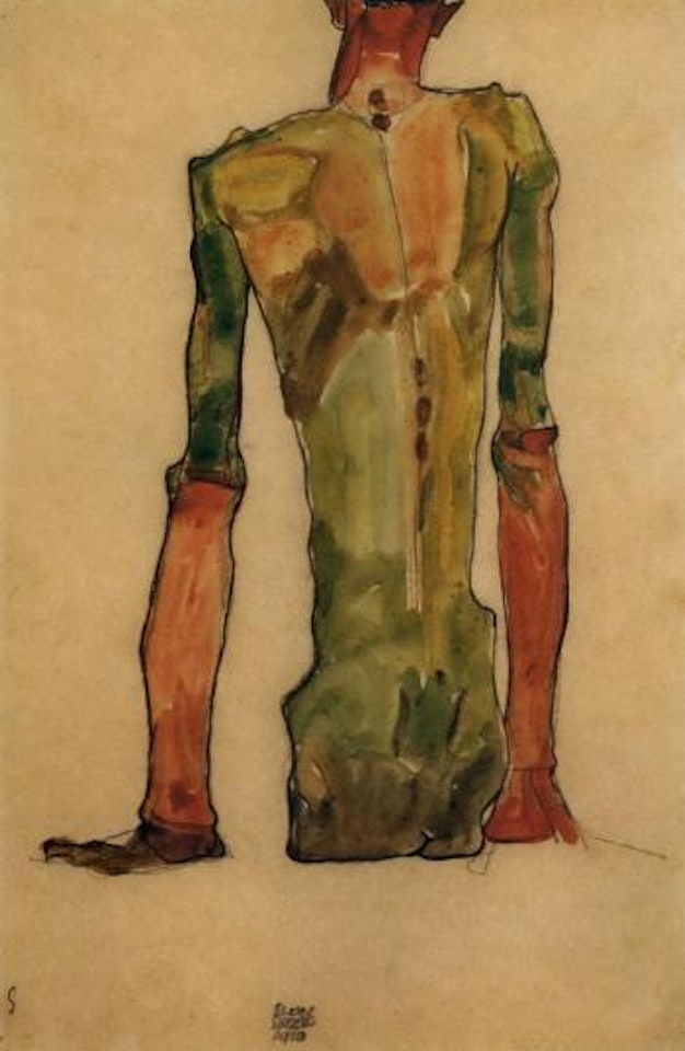 Sitzender mannlicher ruckenakt - seated male back view by Egon Schiele