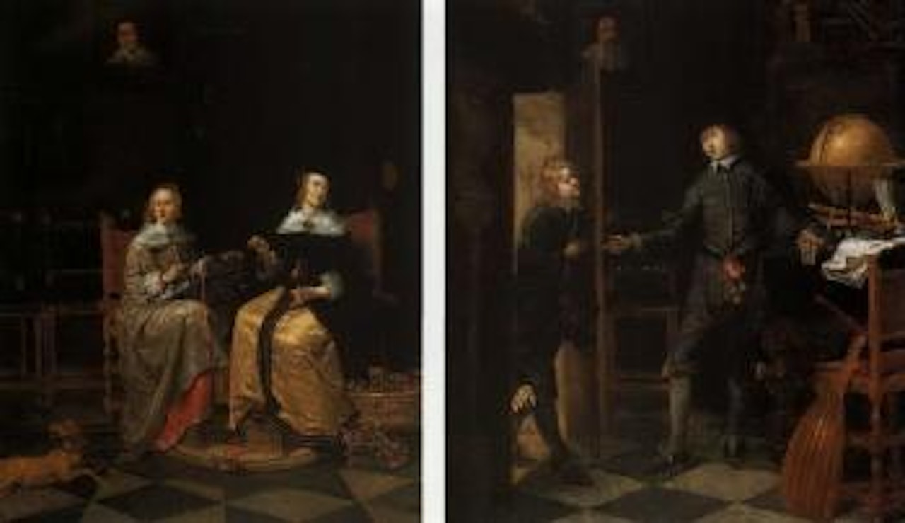 Interiors with ladies sewing and young men in a study by Dutch School