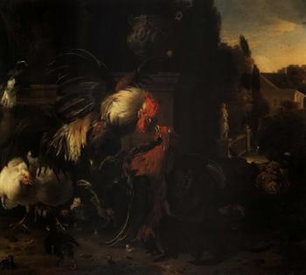 Cockerels fighting in a park setting by Melchior de Hondecoeter