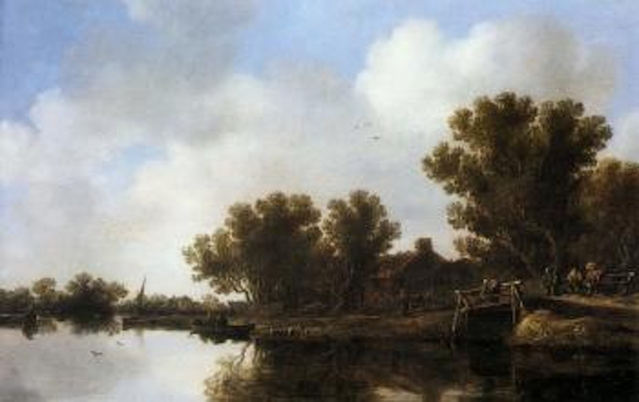 River landscape with an angler and peasants on a bridge by Jan van Goyen