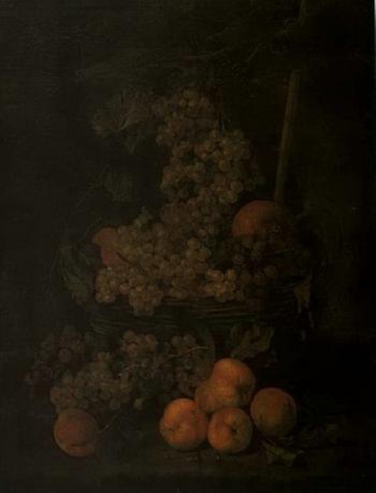 Still life of fruit in a wicker basket by Roman School