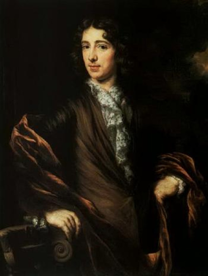 Portrait of a young gentleman standing beside a column by Nicolaes Maes