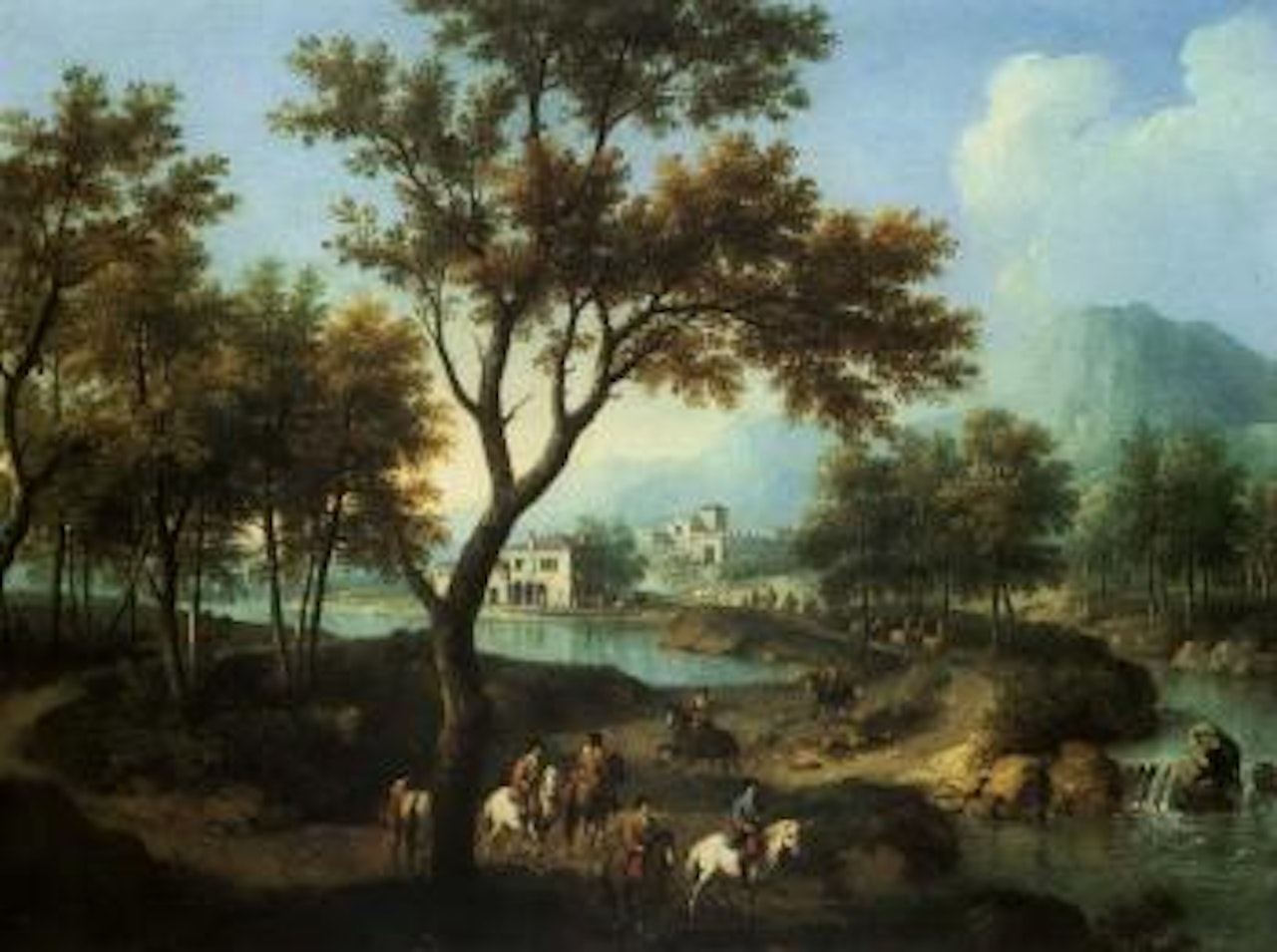 Landscape with mounted soldiers departing from their fortress by Giovanni Battista Cimaroli