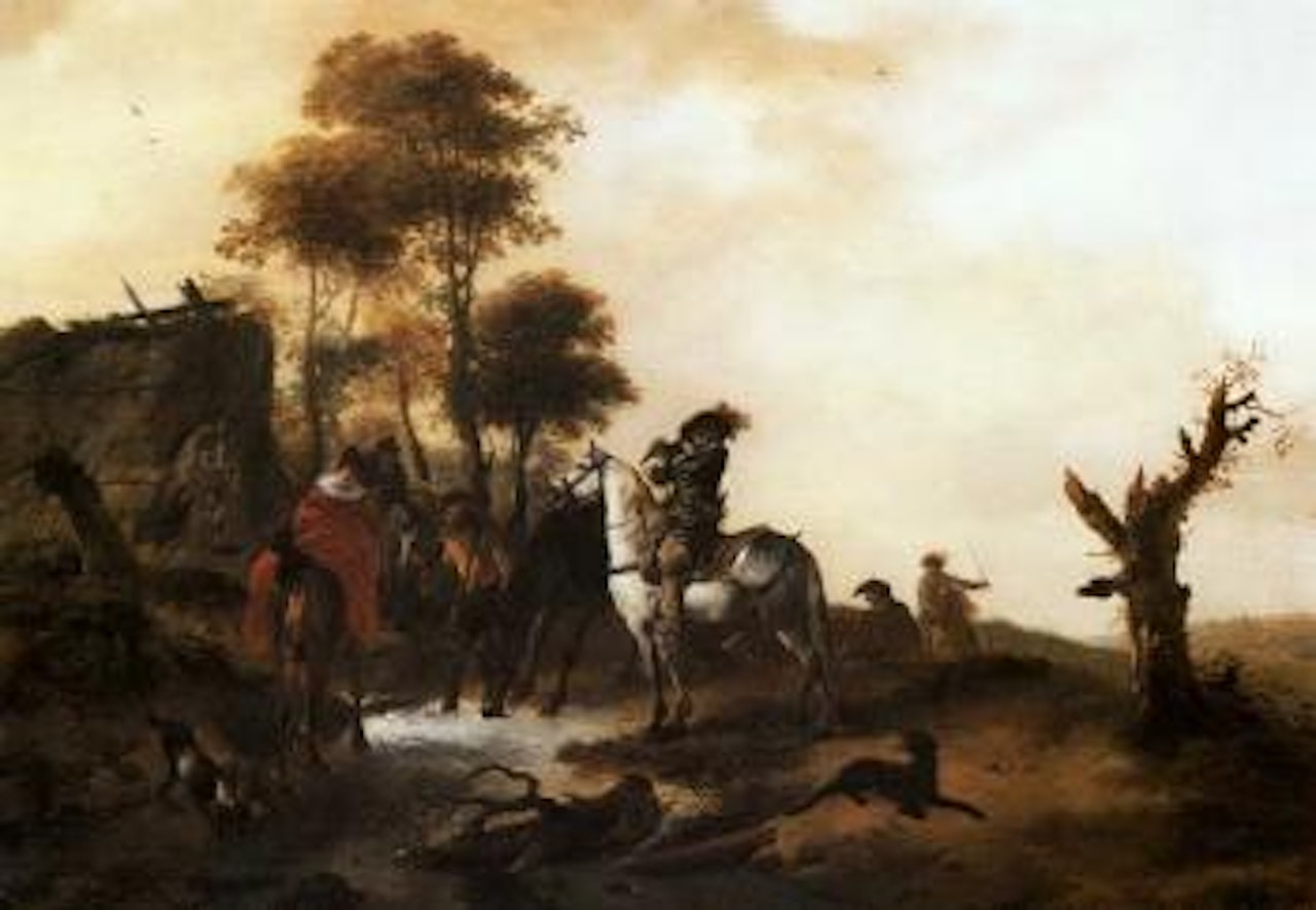 Hawking party halted at a stream by Philips Wouwerman