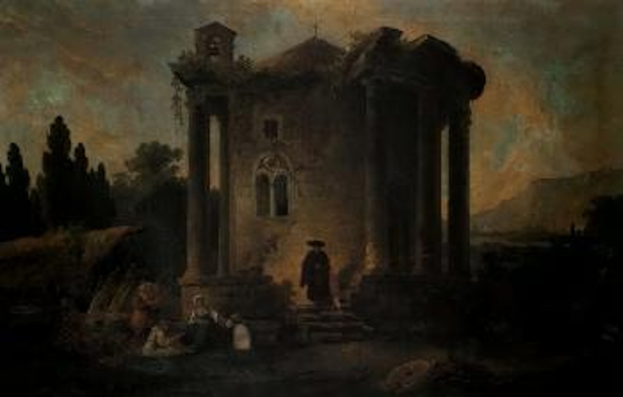 Italianate landscape with figures before a round church by Hubert Robert