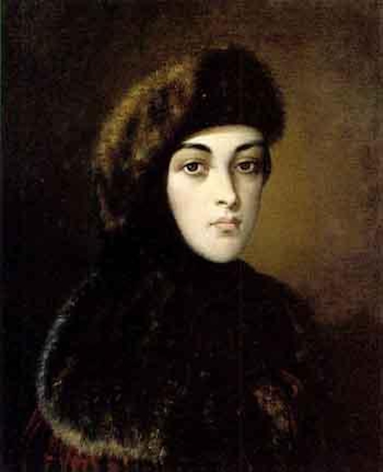 Portrait of lady in fur hat and cape by Russian School