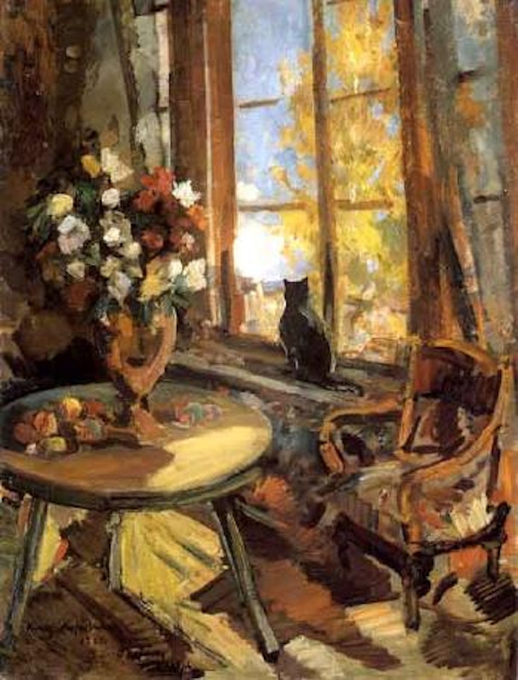 Black cat on window sill by Konstantin Alekseevich Korovin